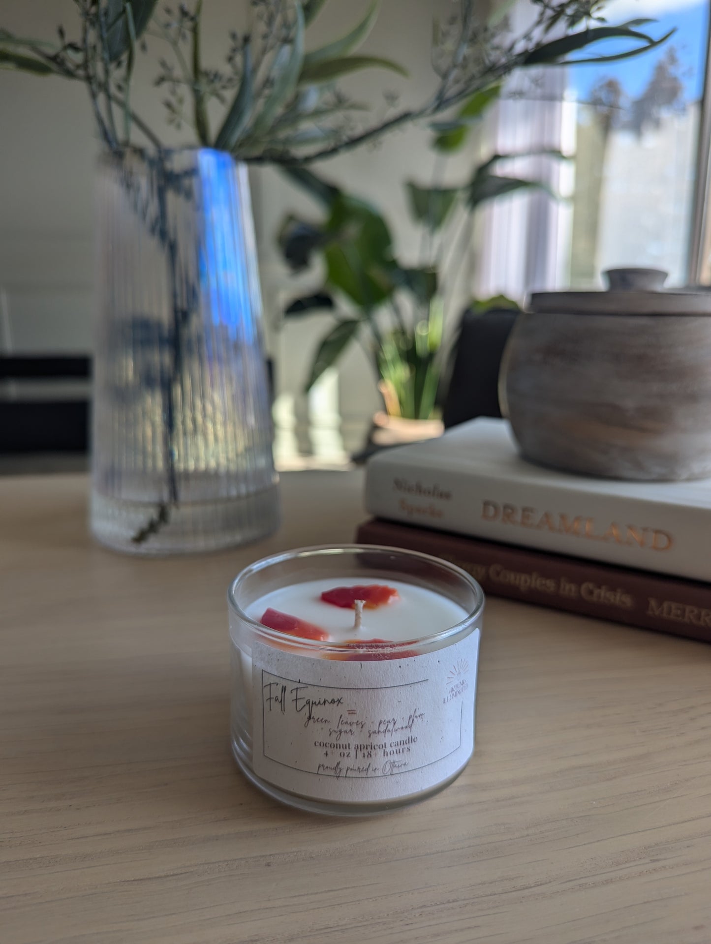 Fall Equinox - 4 oz Coconut Apricot Wax Candle with Leaf Embed