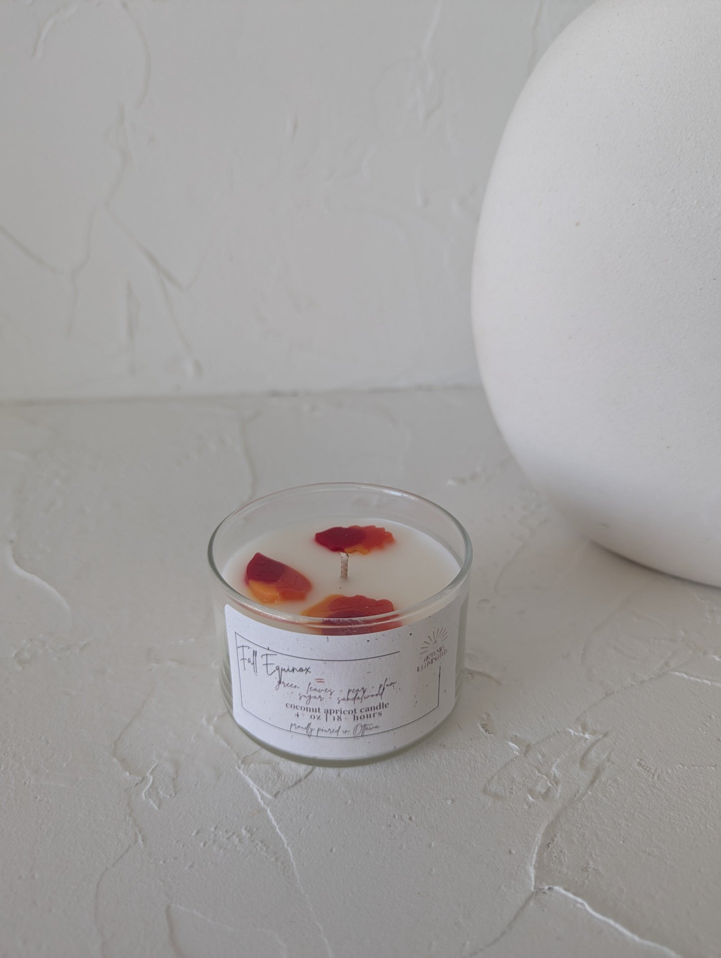 Fall Equinox - 4 oz Coconut Apricot Wax Candle with Leaf Embed